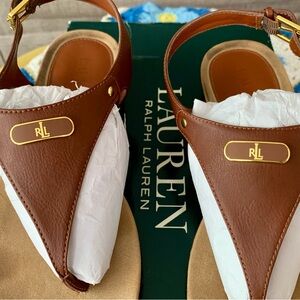 Ralph Lauren Kacy Tan Leather Thong Sandals with Gold Logo Accent